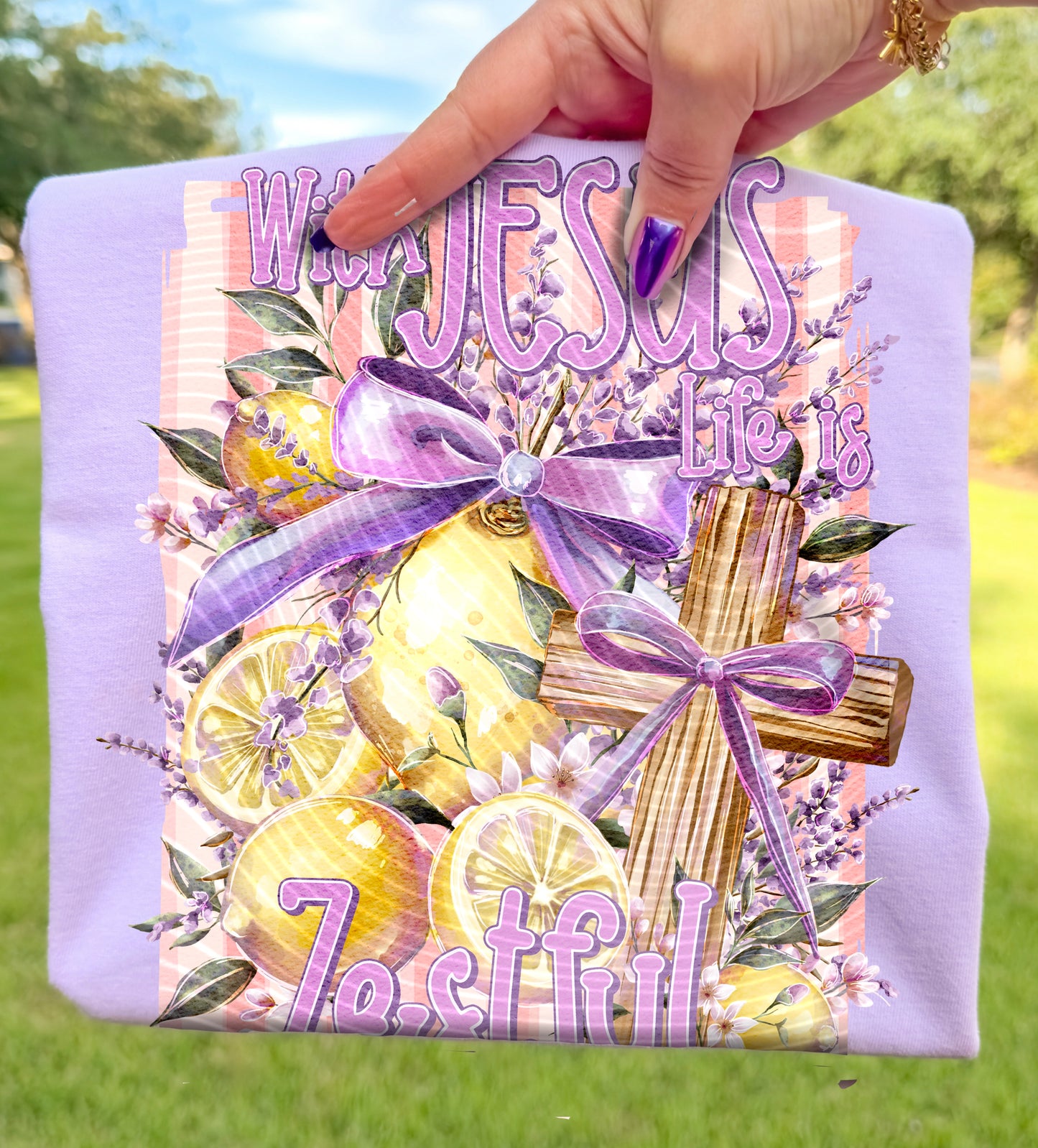 With Jesus Life is Zestful DTF Transfer, Christian Lemon Cross Design, Purple Bow Faith Shirt Transfer, Ready to Press