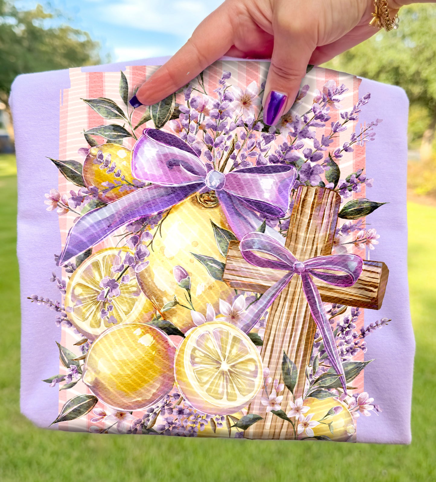 Lavender Lemon Cross DTF Transfer, Christian Floral Citrus Design, Purple Bow Faith Transfer, Religious Easter Shirt Transfer, Ready to Press