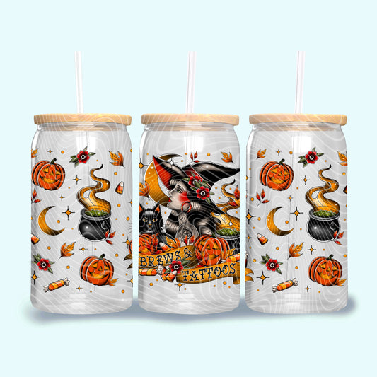 Brews and Tattoos| 16 oz Libbey Glass Can | Snow Globe Tumbler Upgrade | Fast Shipping