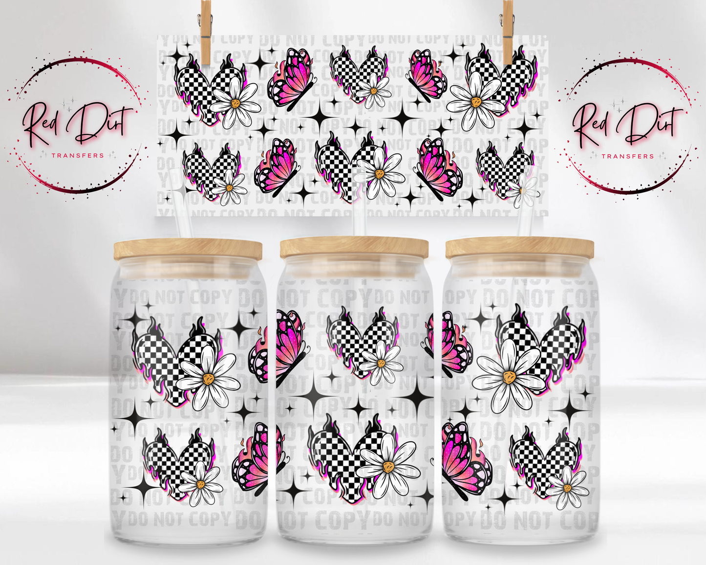 Butterfly UV DTF Libbey Wrap | Checkered Heart & Daisy Cup Wrap | UV DTF Transfer for Glass Cans | Ready to Apply | Red Dirt Transfers