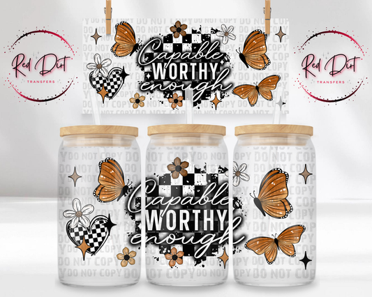 Capable Worthy Enough UV DTF Libbey Wrap | Butterfly Affirmation Cup Wrap | UV DTF Transfer for Glass Cans | Red Dirt Transfers