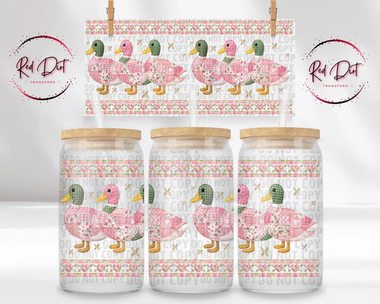 Pink Duck UV DTF Libbey Wrap, Cottagecore Duck Glass Can Wrap, Patchwork Duck Cup Wrap Transfer, Farmhouse UV DTF, Red Dirt Transfers
