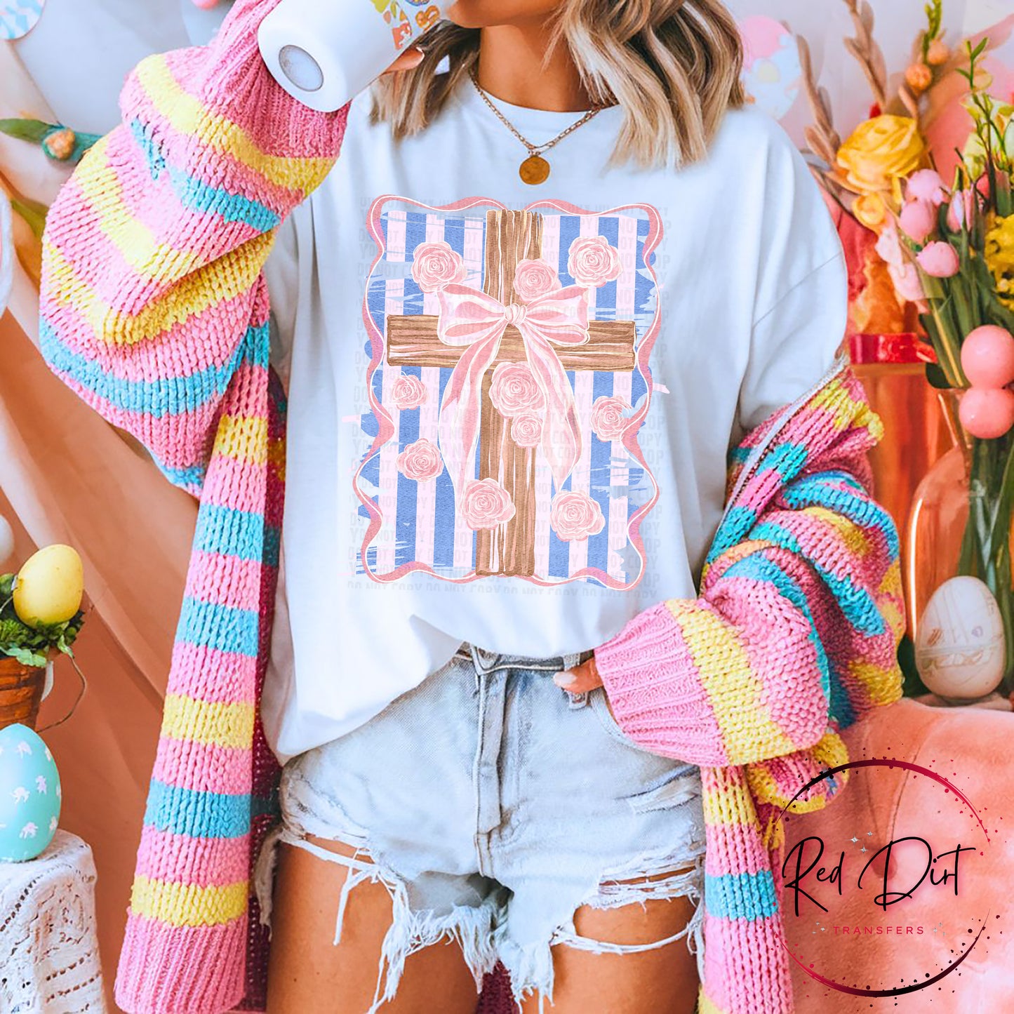 Floral Cross DTF Transfer, Christian Easter Transfer, Pink Coquette Cross, Faith Based Design, Religious Ready to Press Transfer