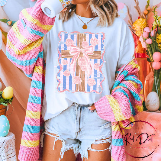 Floral Cross DTF Transfer, Christian Easter Transfer, Pink Coquette Cross, Faith Based Design, Religious Ready to Press Transfer