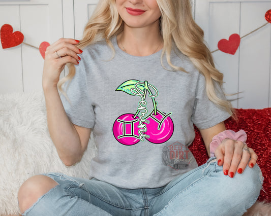 Gemini Pink Cherries DTF Transfer | Trendy Valentine Zodiac DTF Transfer | Ready to Press | High Quality DTF Transfers | Fast Shipping