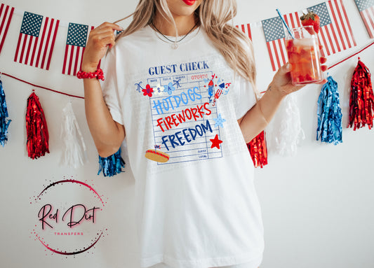 4th of July DTF Transfer Guest Check USA Fireworks Hotdogs Freedom Patriotic Shirt Transfer Red White Blue Independence Day