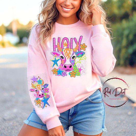 Holy Cow DTF Transfer | Cute Cow Transfer | Retro Western Cowgirl Transfer | Colorful Farm Animal Shirt Print