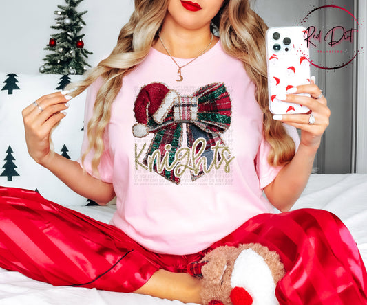 Knights Christmas Bow Mascot T-Shirt | Trendy School Spirit Shirt | Fast Shipping | Super Soft Shirts for Men/Women/Kid's