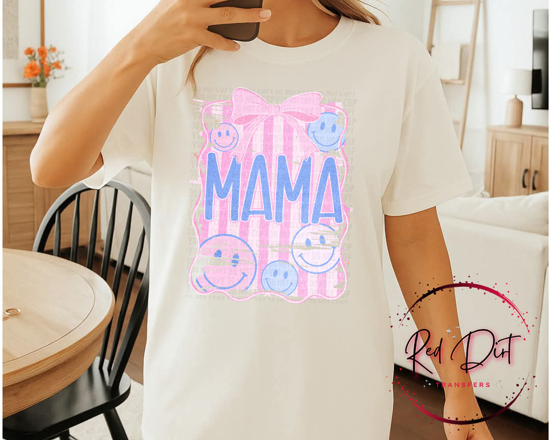 Mama Smiley Face DTF Transfer, Retro Mom Transfer, Pink Blue Mama Design, Trendy Graphic Transfer, Ready to Press DTF