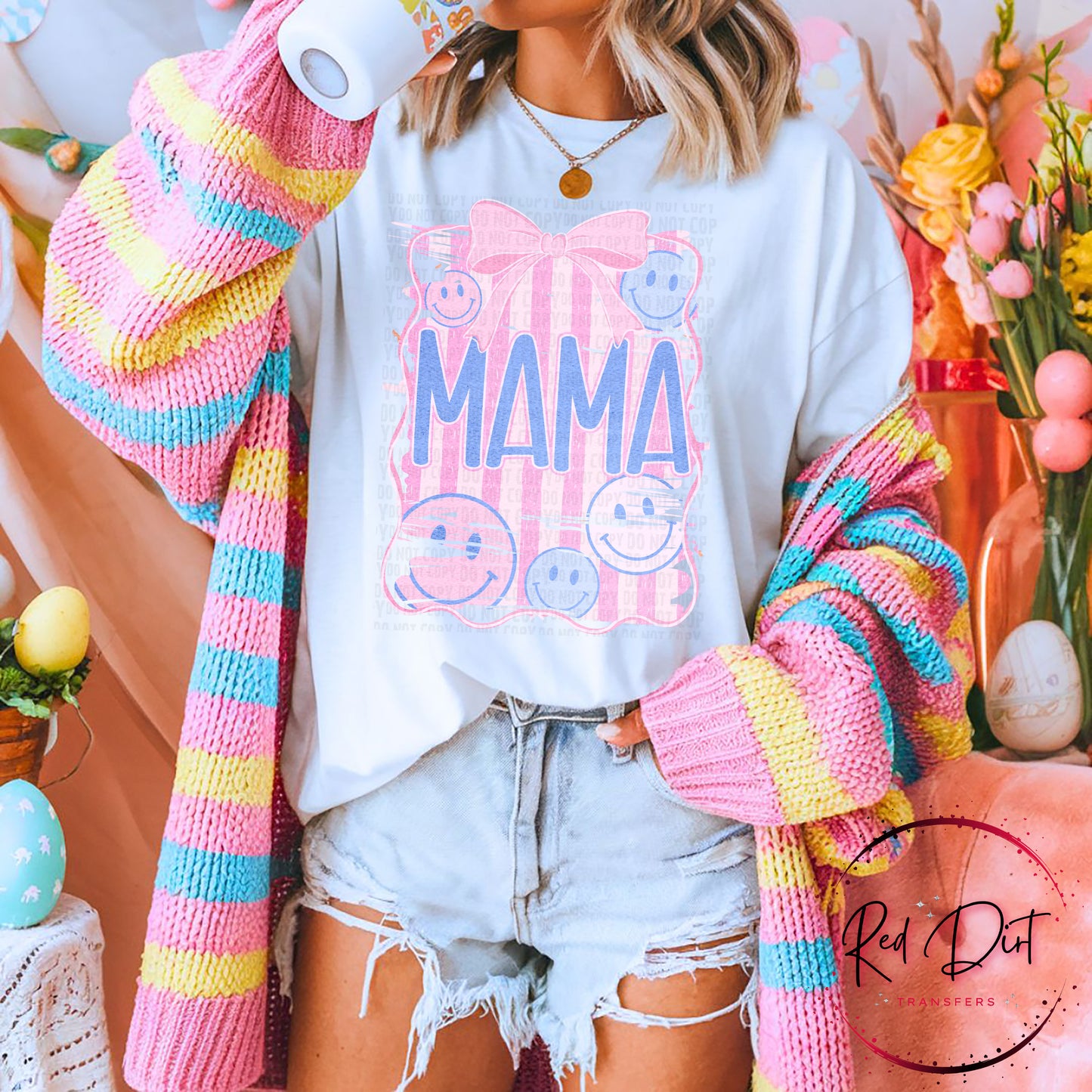 Mama Smiley Face Graphic Tee | Trendy Pink & Blue Mama Shirt | Cute Motherhood Tee | Bella Canvas Shirt
