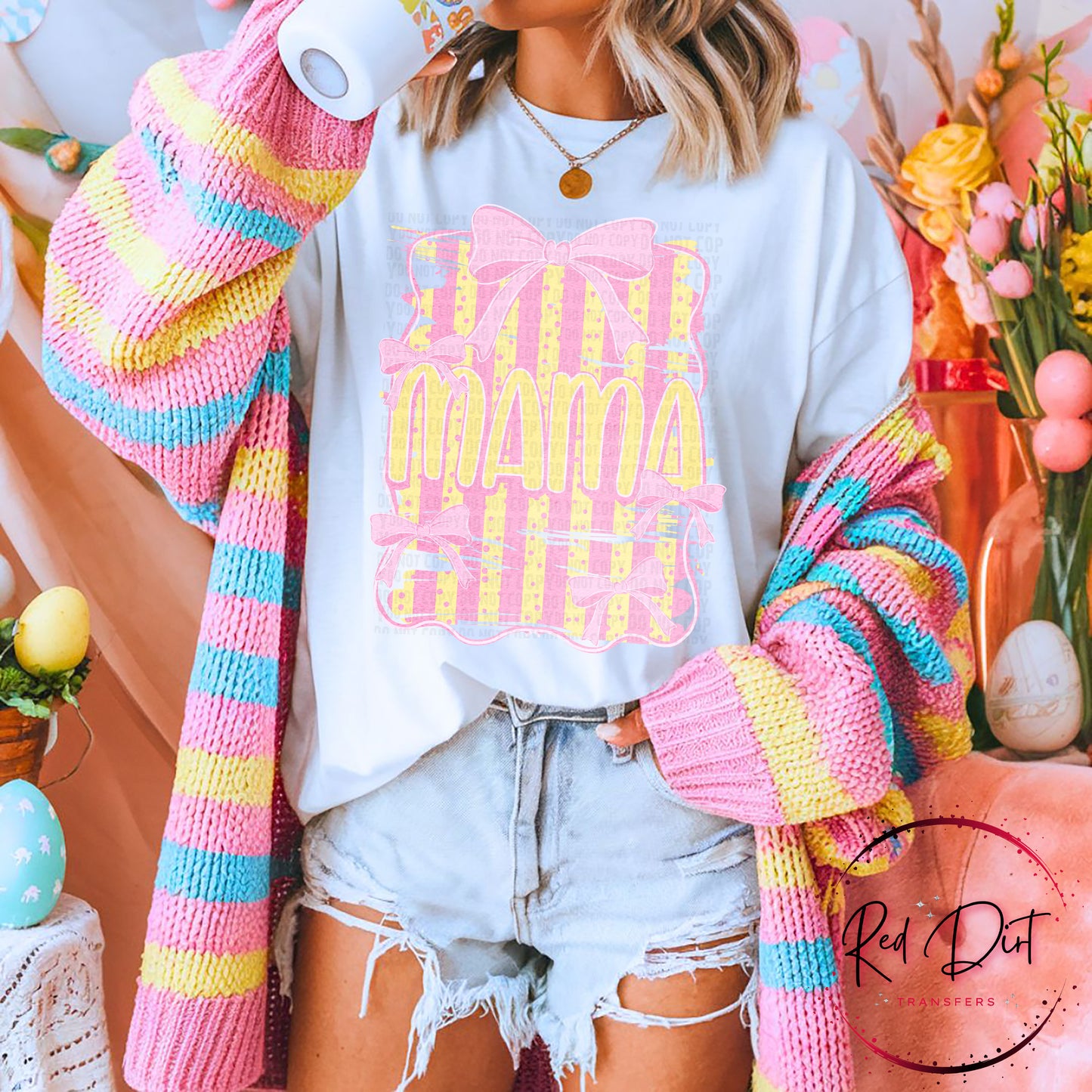 Mama Coquette DTF Transfer, Yellow Pink Mama Transfer, Bow Stripe Design, Trendy Mom Graphic, Ready to Press DTF Transfer