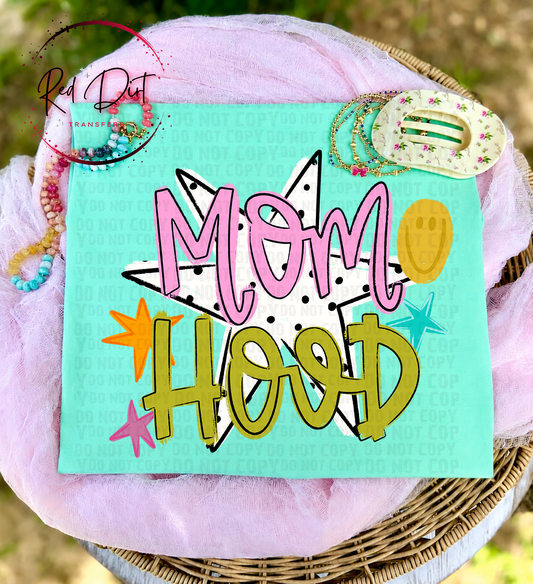 Mom Hood DTF Transfer | Retro Mama Transfer | Colorful Motherhood DTF Print | Trendy Mom Graphic Transfer | Boutique DTF
