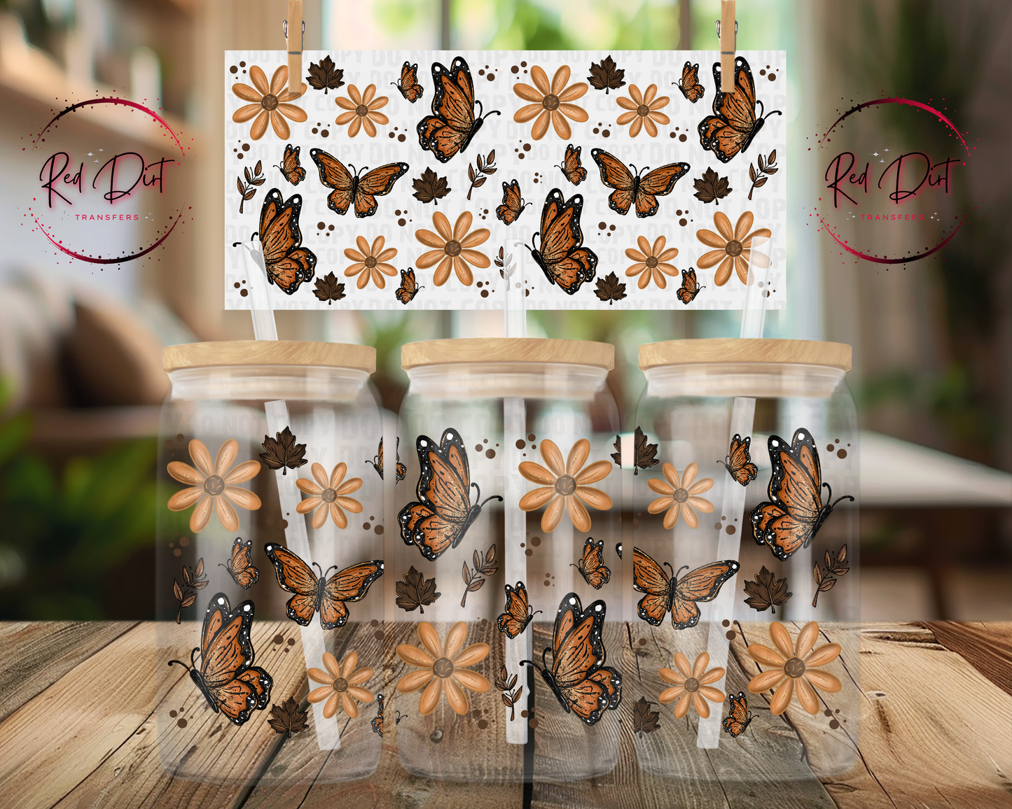 Monarch Butterfly UV DTF Wrap | Fall Floral Libbey Glass Can Decal | Autumn Tumbler Transfer | Boho Butterfly Cup Wrap
