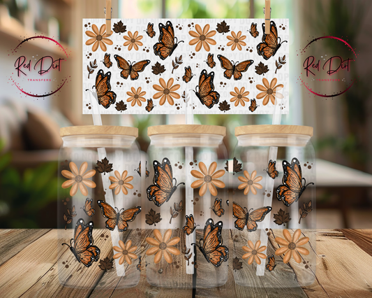Monarch Butterfly UV DTF Wrap | Fall Floral Libbey Glass Can Decal | Autumn Tumbler Transfer | Boho Butterfly Cup Wrap