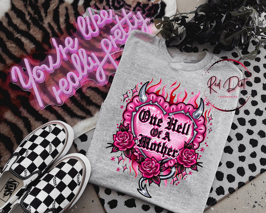 One Hell of a Mother DTF Transfer Ready to Press | Edgy Mom Shirt Transfer | Gothic Heart Tattoo Design | Red Dirt Transfers