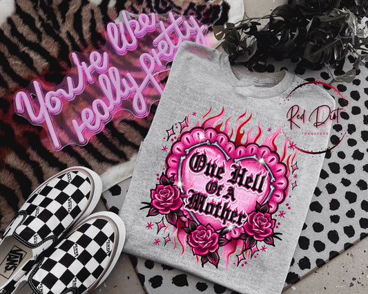 One Hell of a Mother DTF Transfer Ready to Press | Trendy Mom Shirt Transfer | Pink Gothic Heart Design | Red Dirt Transfers