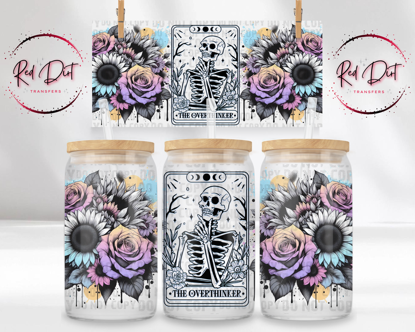 The Overthinker UV Dtf Libbey wrap | skeleton tarot cup wrap | uv dtf transfer for glass cans | Red Dirt Transfers