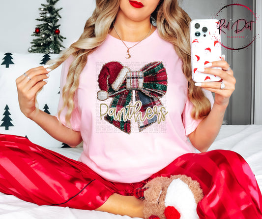 Panthers Christmas Bow Mascot T-Shirt | Trendy School Spirit Shirt | Fast Shipping | Super Soft Shirts for Men/Women/Kid's