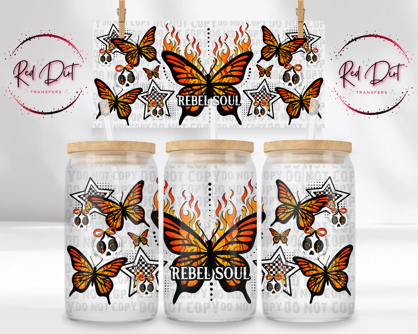 Rebel Soul UV Dtf Libbey wrap | butterfly skull cup wrap | uv dtf transfer for glass cans | Red Dirt Transfers
