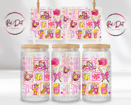 Softball Game Day Libbey Wrap, Pink Softball Glass Can Wrap, Sports Mom Cup Wrap Transfer, UV DTF Wrap, Red Dirt Transfers