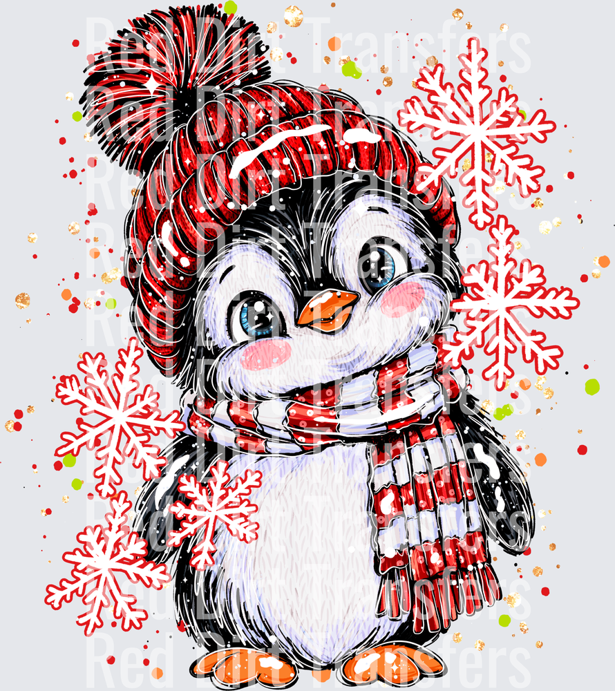 Cute Christmas Penguin Red Pom Beanie Snowflakes DTF Transfer