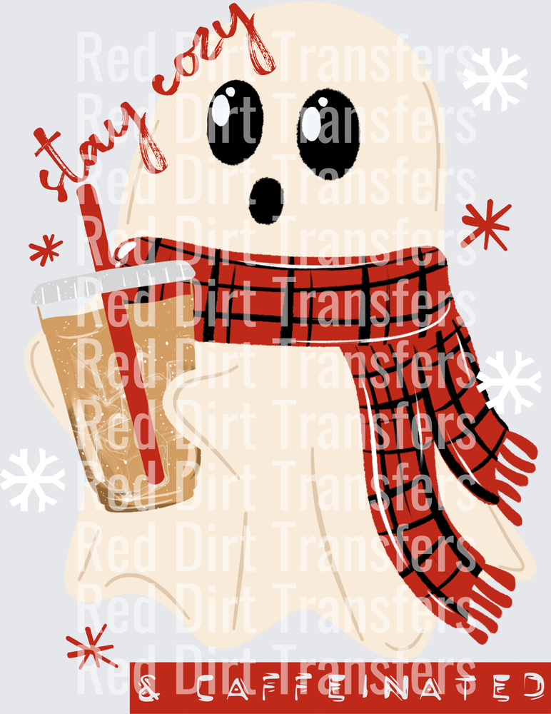 Stay Cozy & Caffeinated Ghost with Plaid Scarf DTF Transfer