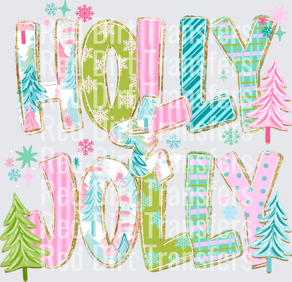 Holly Jolly Colorful Patterned Christmas Text DTF Transfer