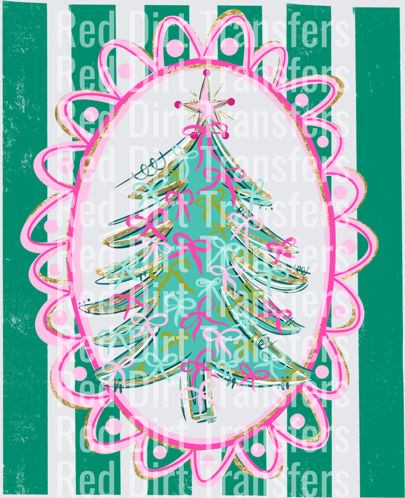 Preppy Pink Bow Christmas Tree Oval Frame DTF Transfer