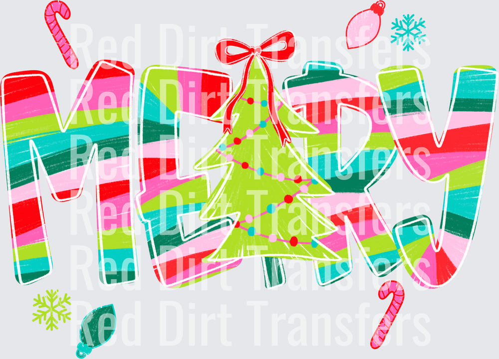 Merry Colorful Striped Letters Christmas Tree DTF Transfer