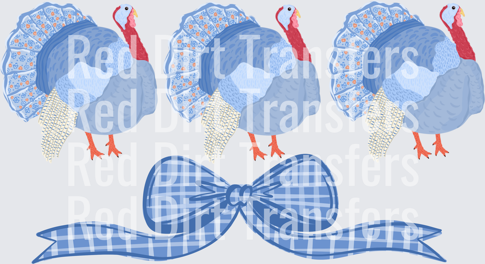 Three Blue Patchwork Turkeys with Gingham Bow DTF Transfer