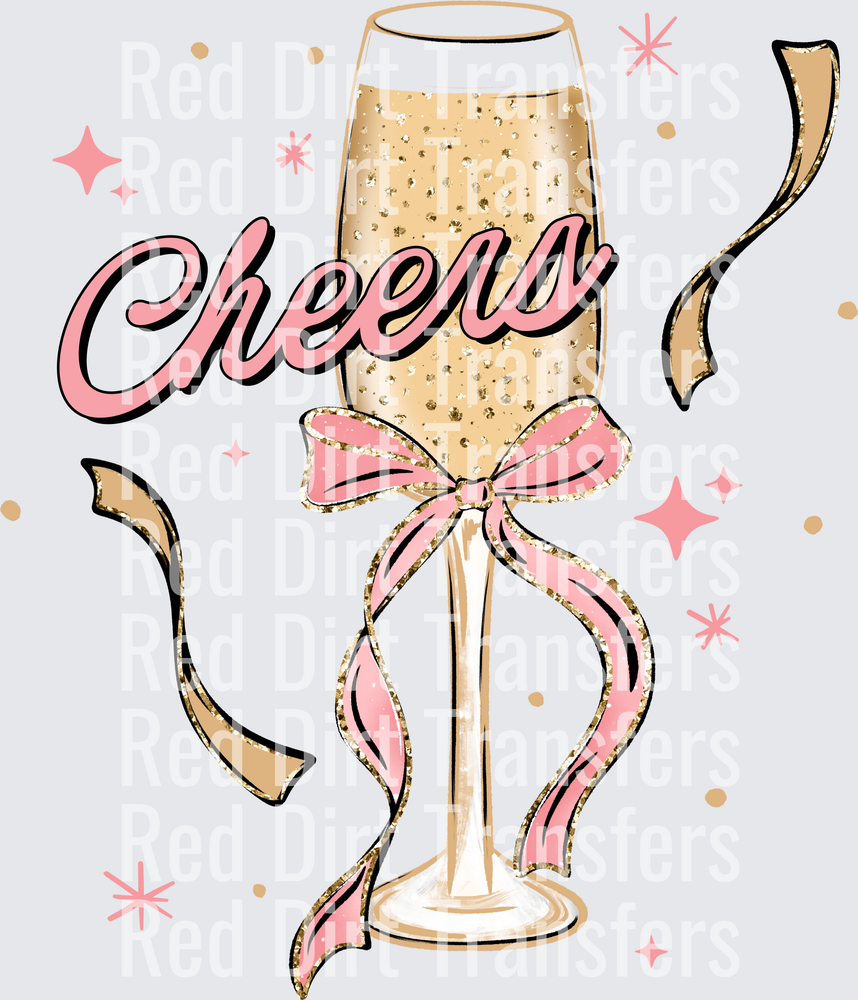 Cheers Champagne Flute Pink Bow Glitter Sparkle DTF Transfer