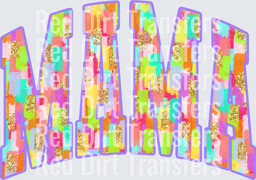 Mama Arched Colorful Patchwork Gold Glitter Letters DTF Transfer