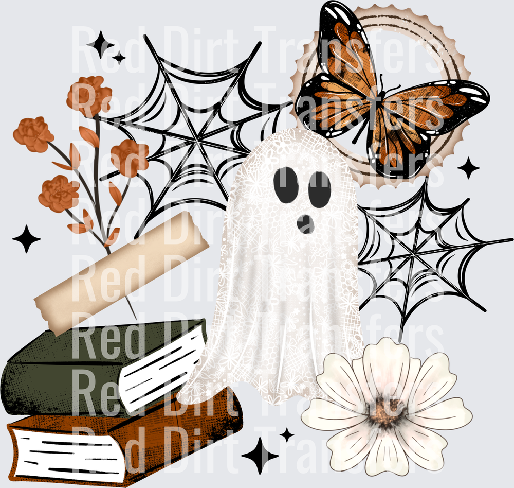 Boho Halloween Ghost Books Spiderweb Butterfly Floral DTF Transfer