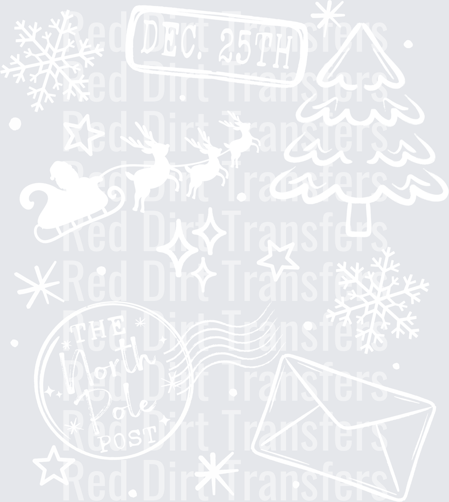 Christmas North Pole Post Dec 25th Santa Sleigh White DTF Transfer