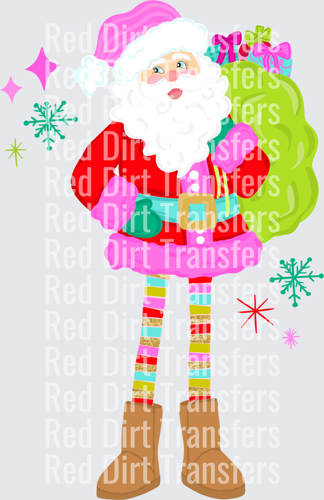 Whimsical Santa Colorful Striped Legs Gift Sack DTF Transfer