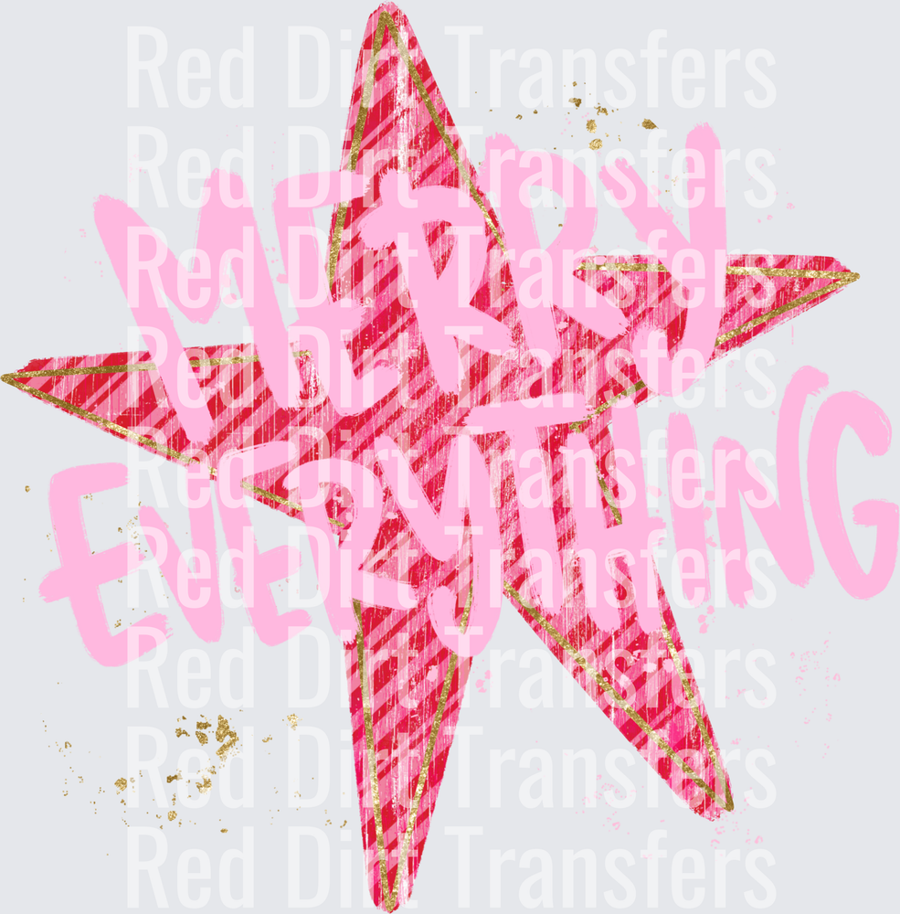 Merry Everything Pink Plaid Star Gold Glitter DTF Transfer