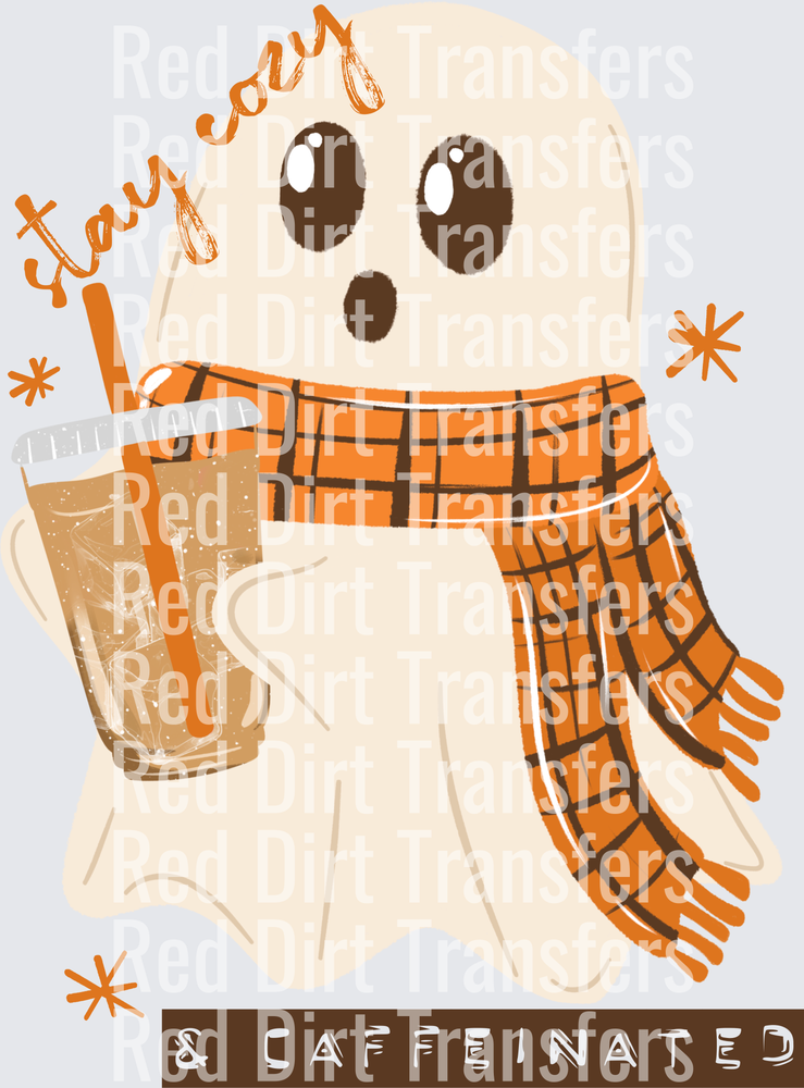 Cozy Ghost with Plaid Scarf Iced Coffee Stay Cozy DTF Transfer