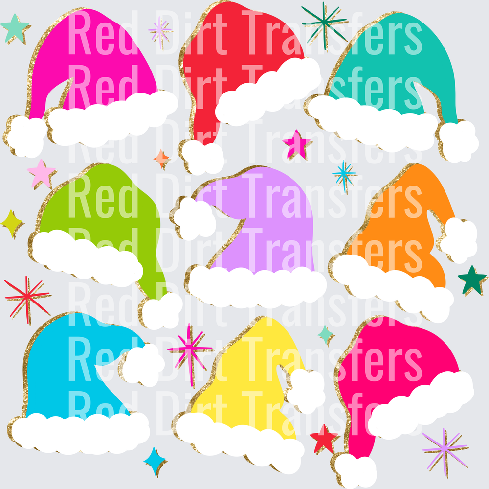 Colorful Santa Hats Gold Glitter Stars Christmas DTF Transfer
