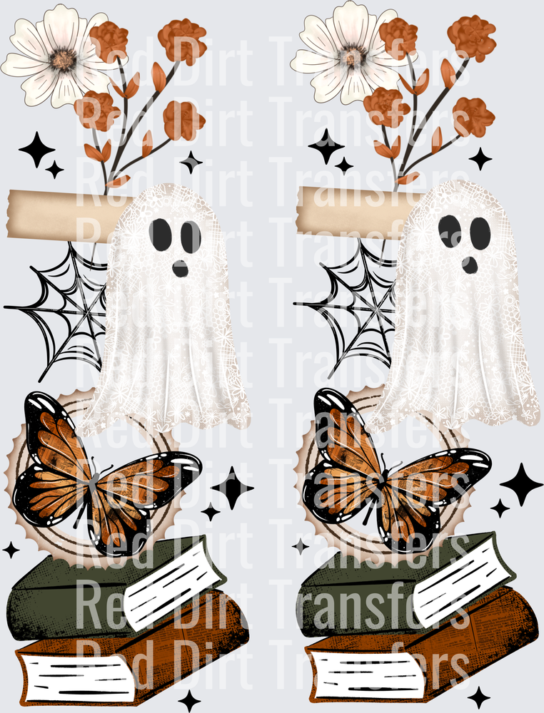 Boho Ghost Monarch Butterfly Stacked Books Floral DTF Transfer