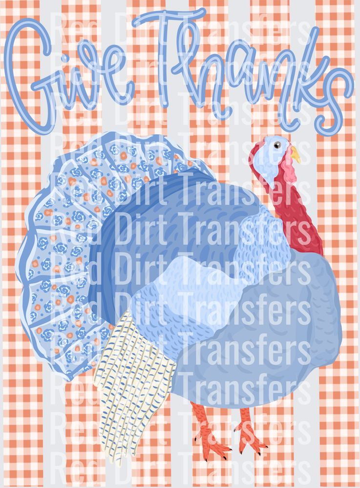 Give Thanks Floral Turkey Gingham Thanksgiving DTF Transfer