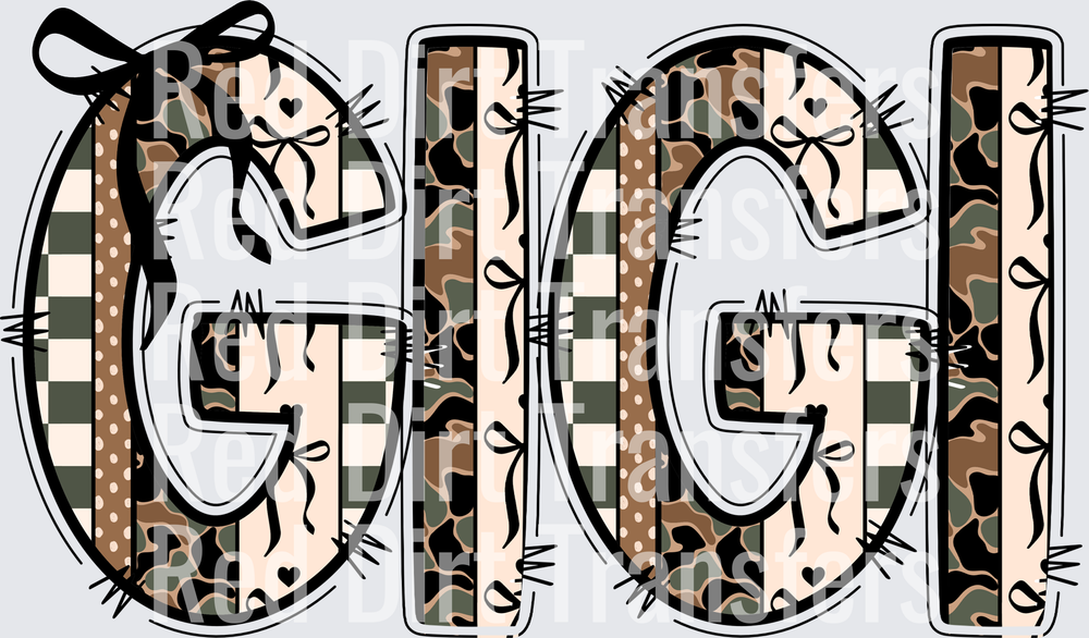 Gigi Doodle Letters Camo Leopard Plaid Pattern DTF Transfer