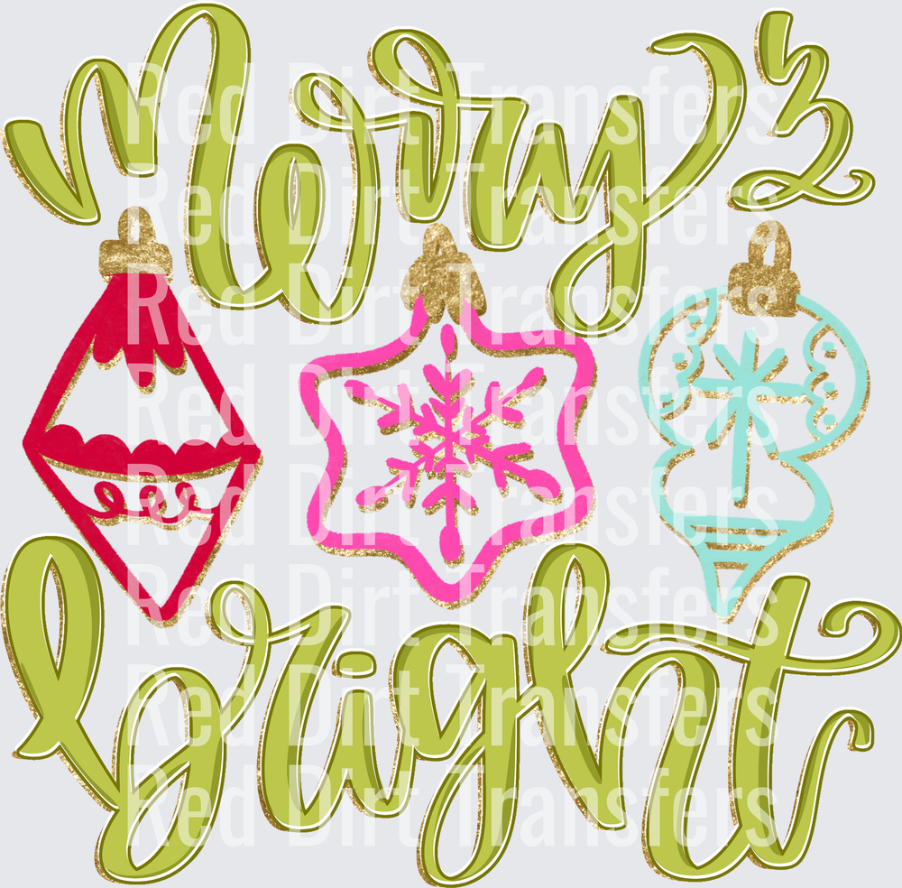 Merry and Bright Christmas Ornaments Script DTF Transfer