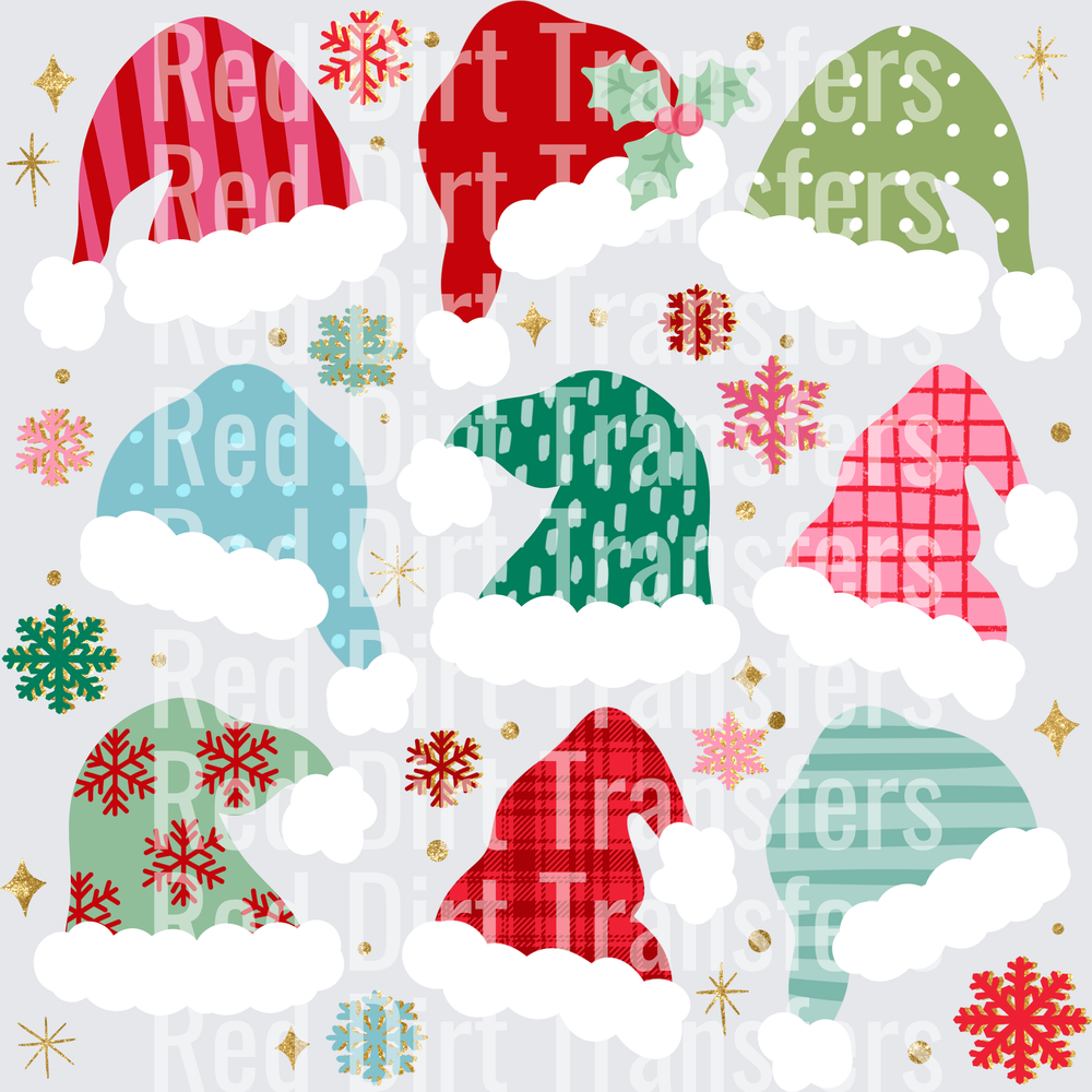 Colorful Patterned Santa Hats with Snowflakes DTF Transfer