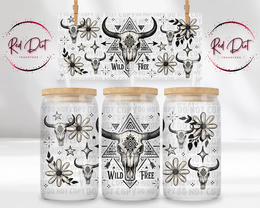 Wild Free UV Dtf Libbey wrap | western skull boho cup wrap | uv dtf transfer for glass cans | Red Dirt Transfers
