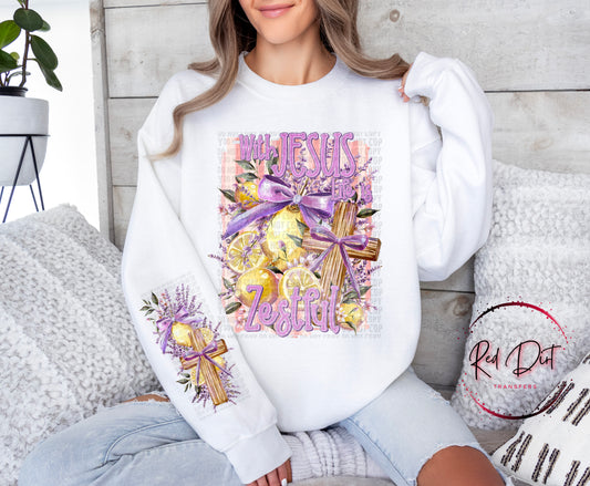 With Jesus Life is Zestful DTF Transfer, Christian Lemon Cross Design, Purple Bow Faith Shirt Transfer, Ready to Press